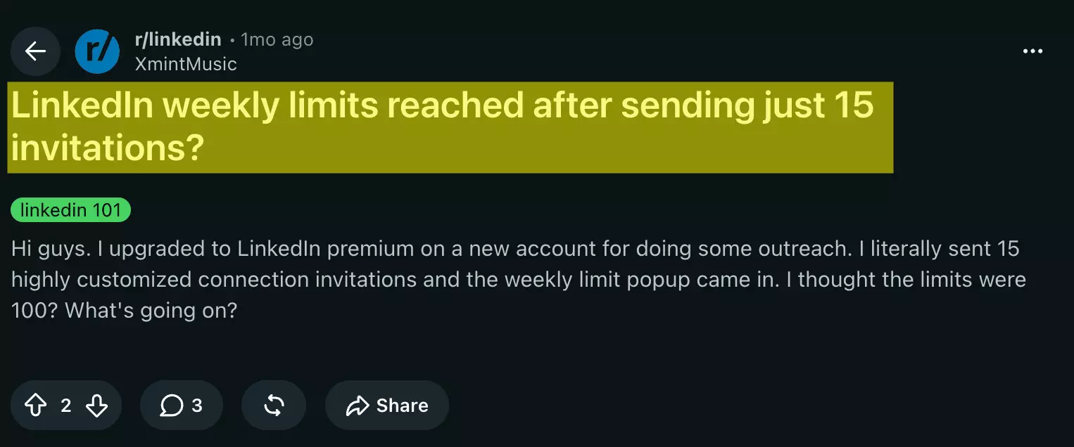 Reddit r/linkedin: LinkedIn weekly limits reached after sending just 15 invitations, on a new Premium account