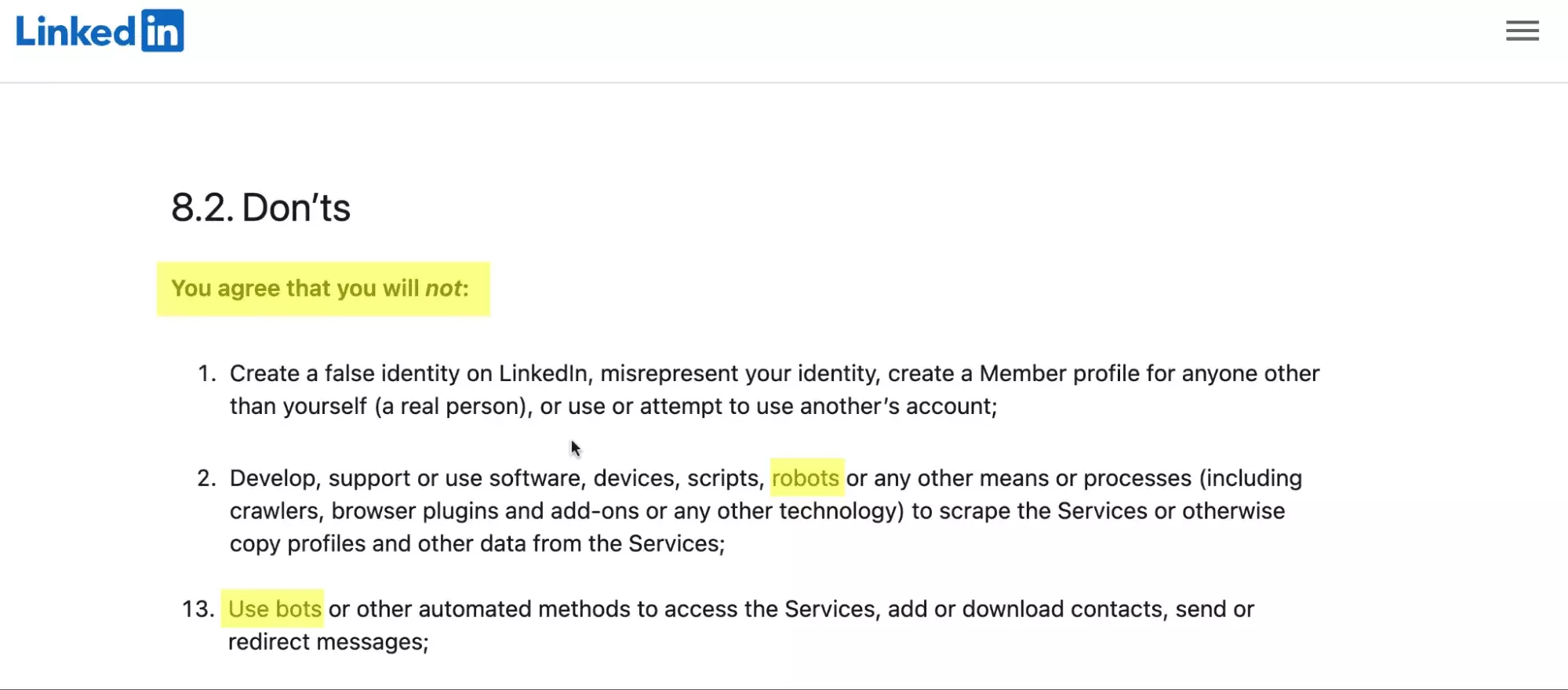 LinkedIn User Agreement Do's and Don'ts: no bots, no scraping without permission, no fake accounts