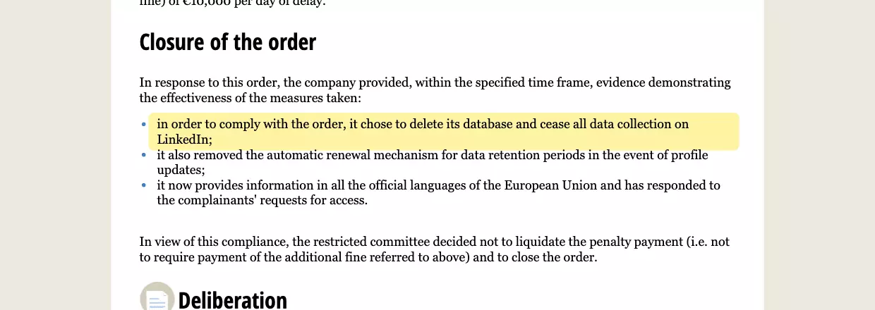 CNIL closure notice: Kaspr deleted its database and stopped collecting on LinkedIn