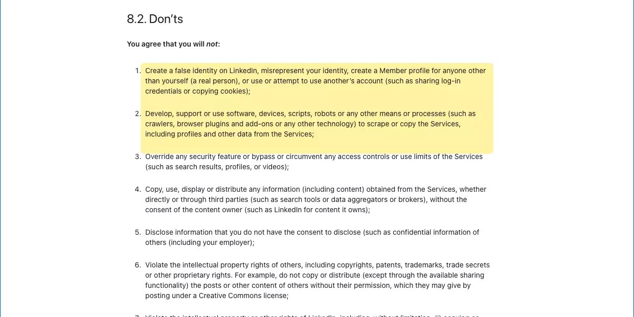 LinkedIn User Agreement section 8.2, with the false-identity and scraping bullets highlighted