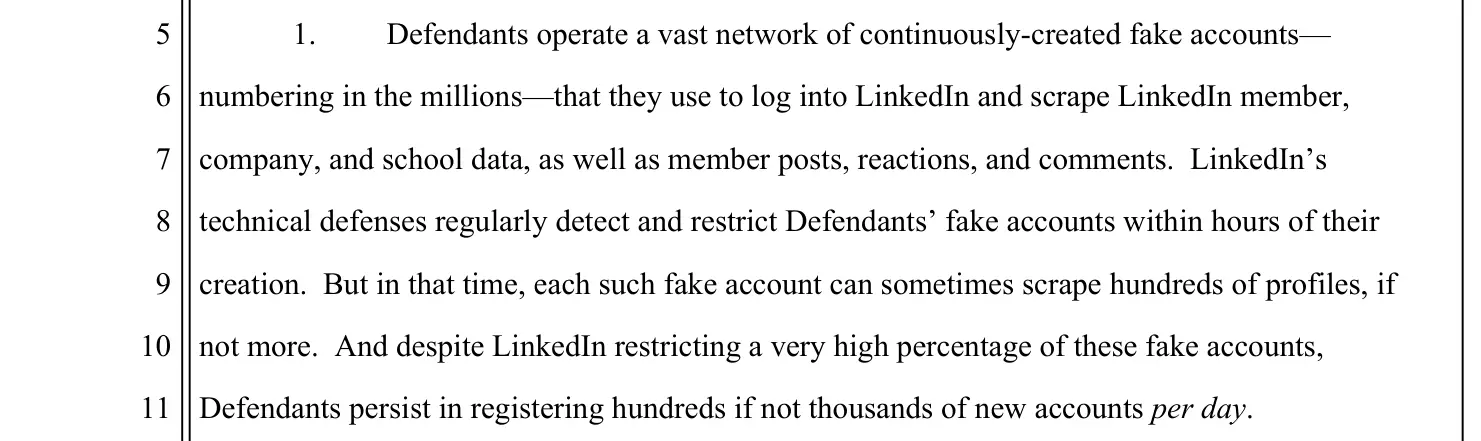 LinkedIn v. ProAPIs complaint, paragraph 1, on a network of millions of fake accounts