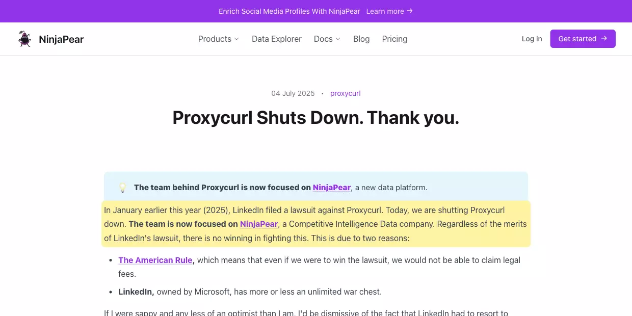 Proxycurl's shutdown post, 4 July 2025, citing LinkedIn's lawsuit