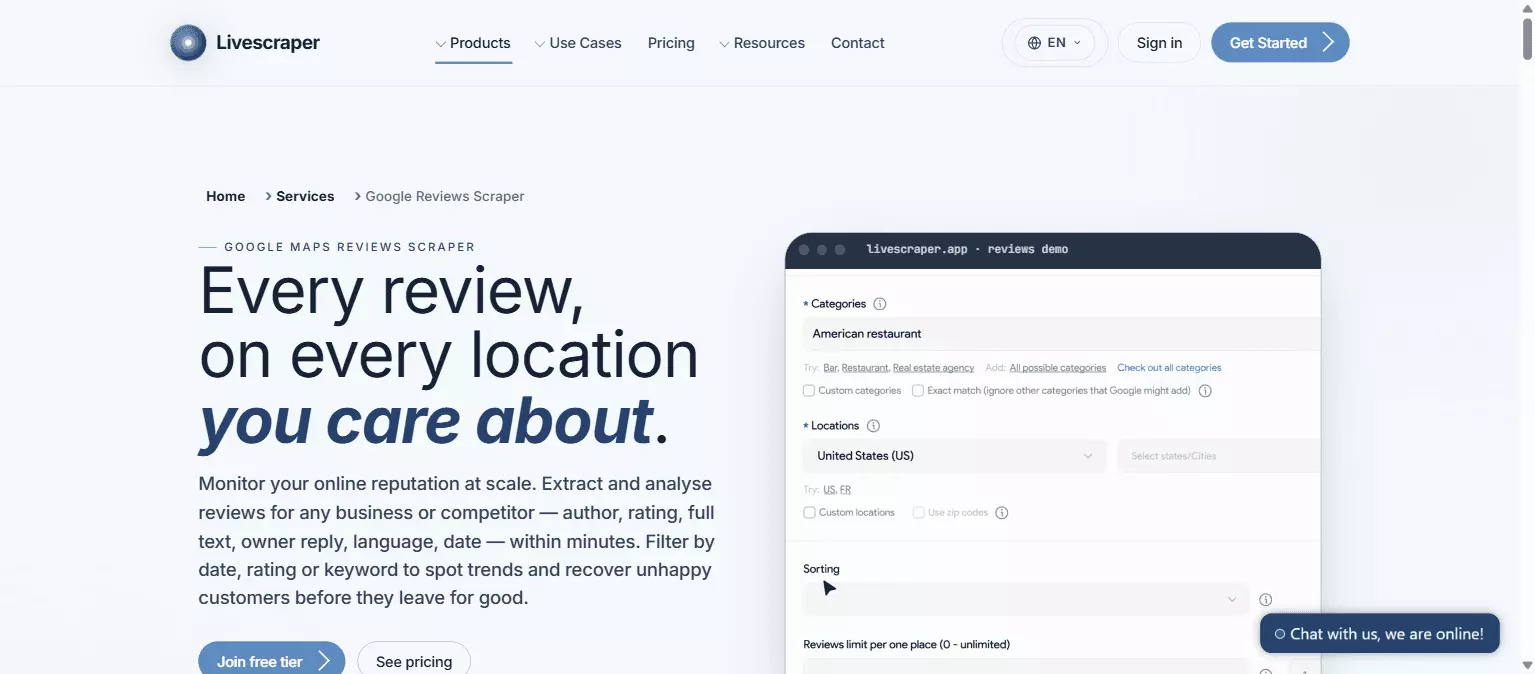 Livescraper - Google Maps Reviews Scraper product page