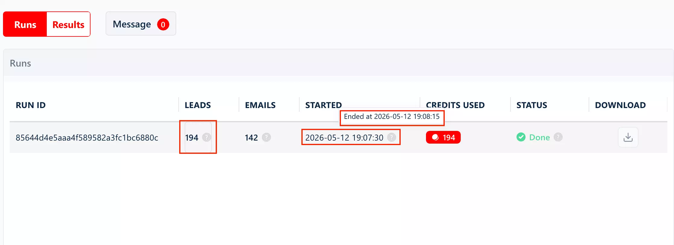 screenshot: run results