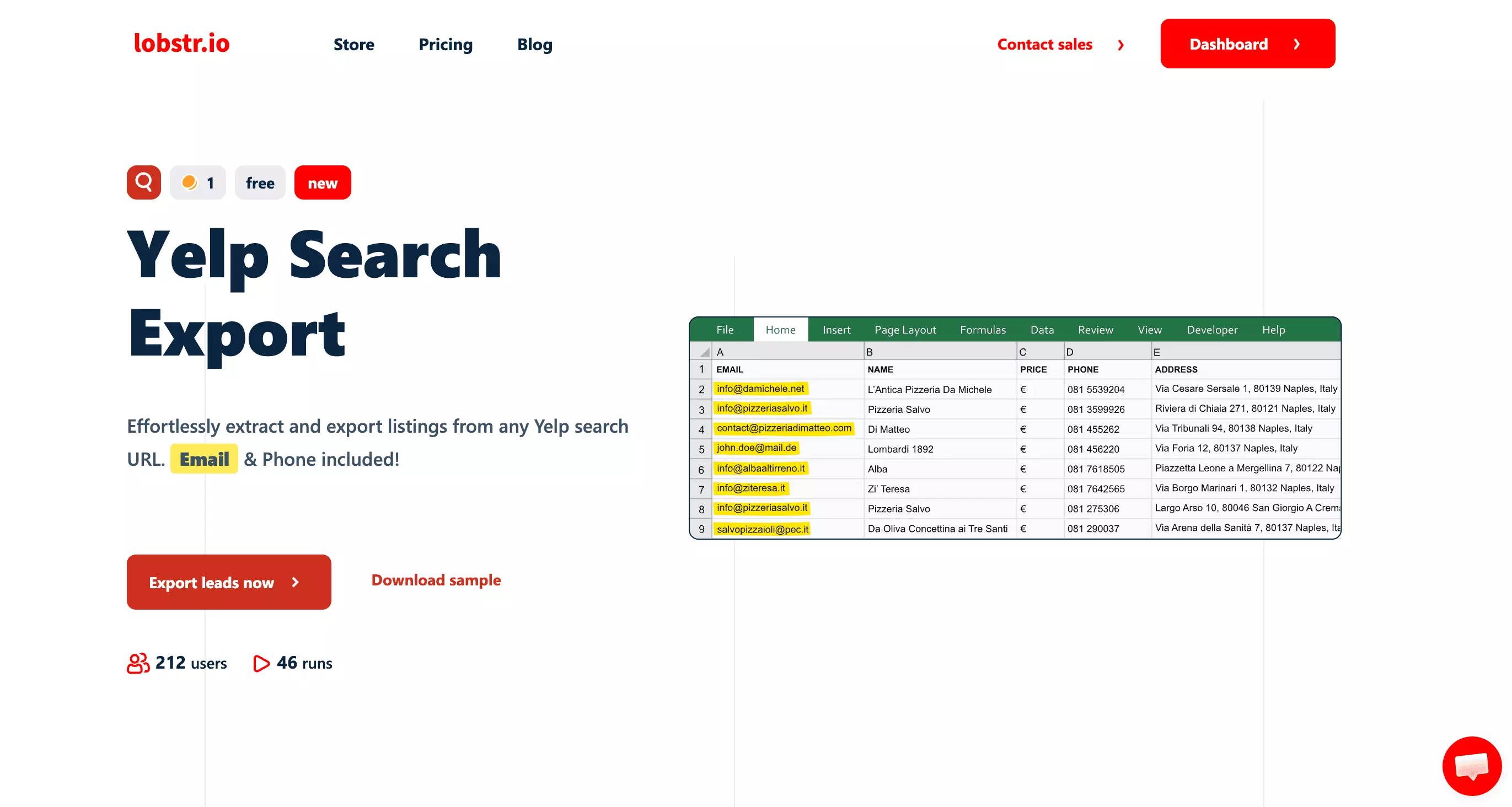 lobstr.io homepage showing the Yelp Search Export scraper page