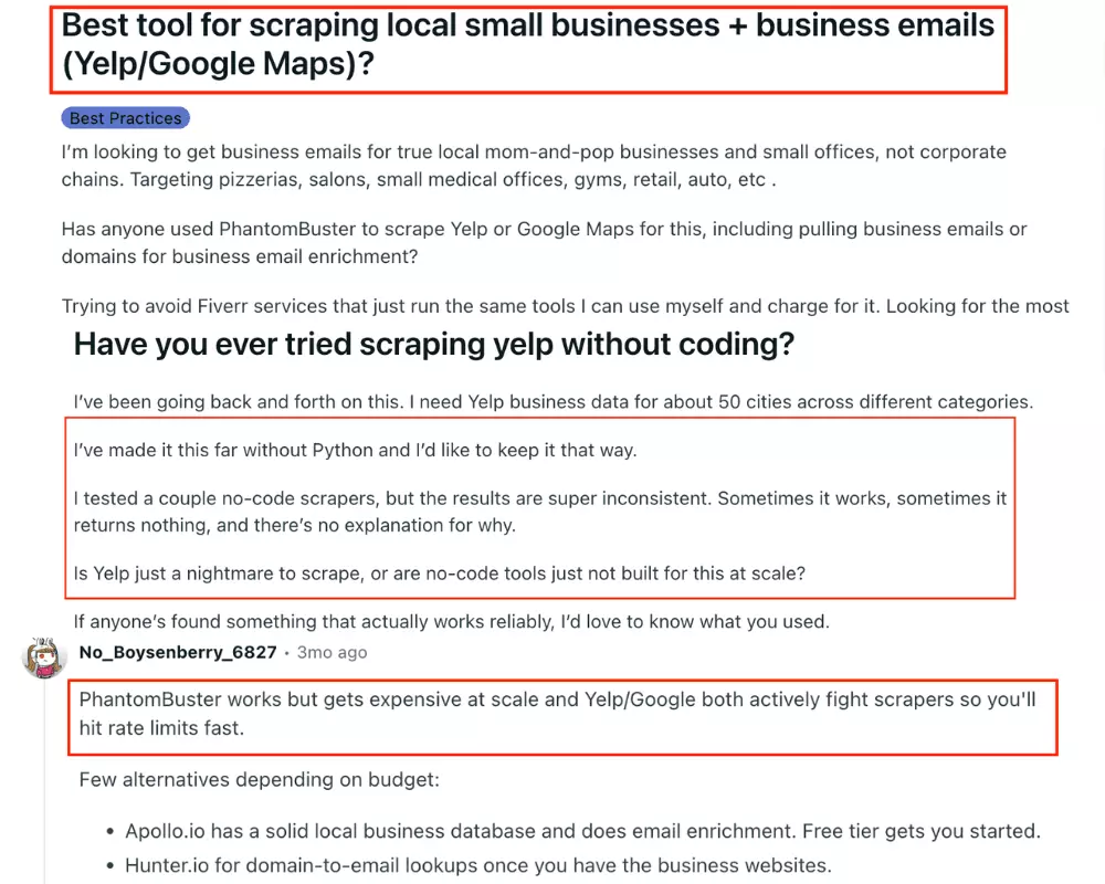 Community threads and user reviews about Yelp scraping pain points