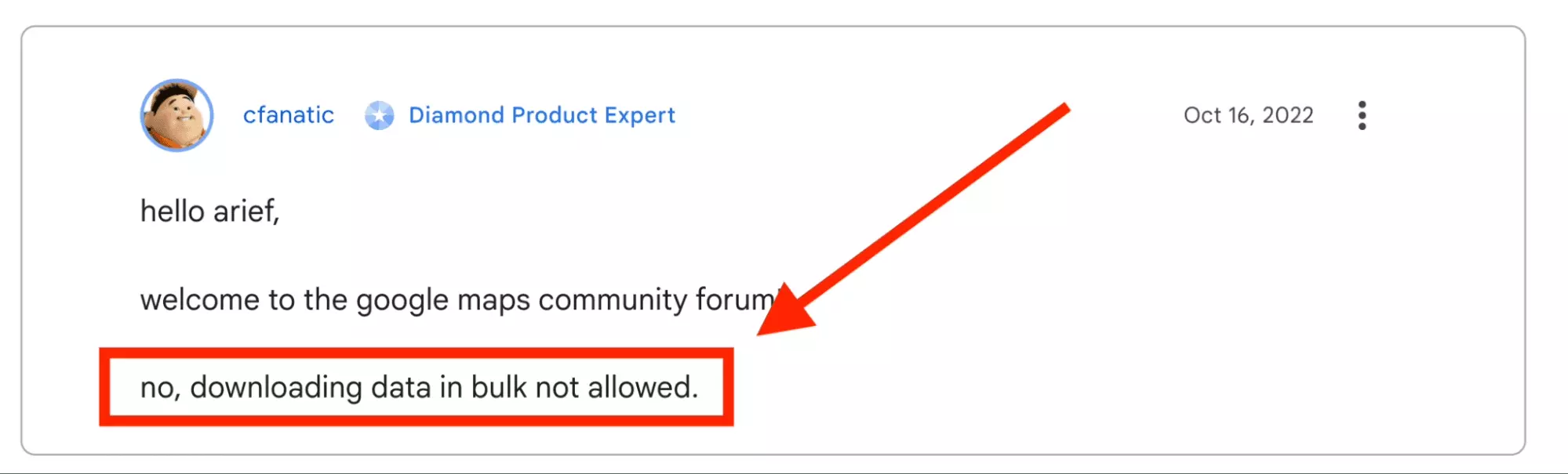 response from google thread about bulk data scraping on google maps.png