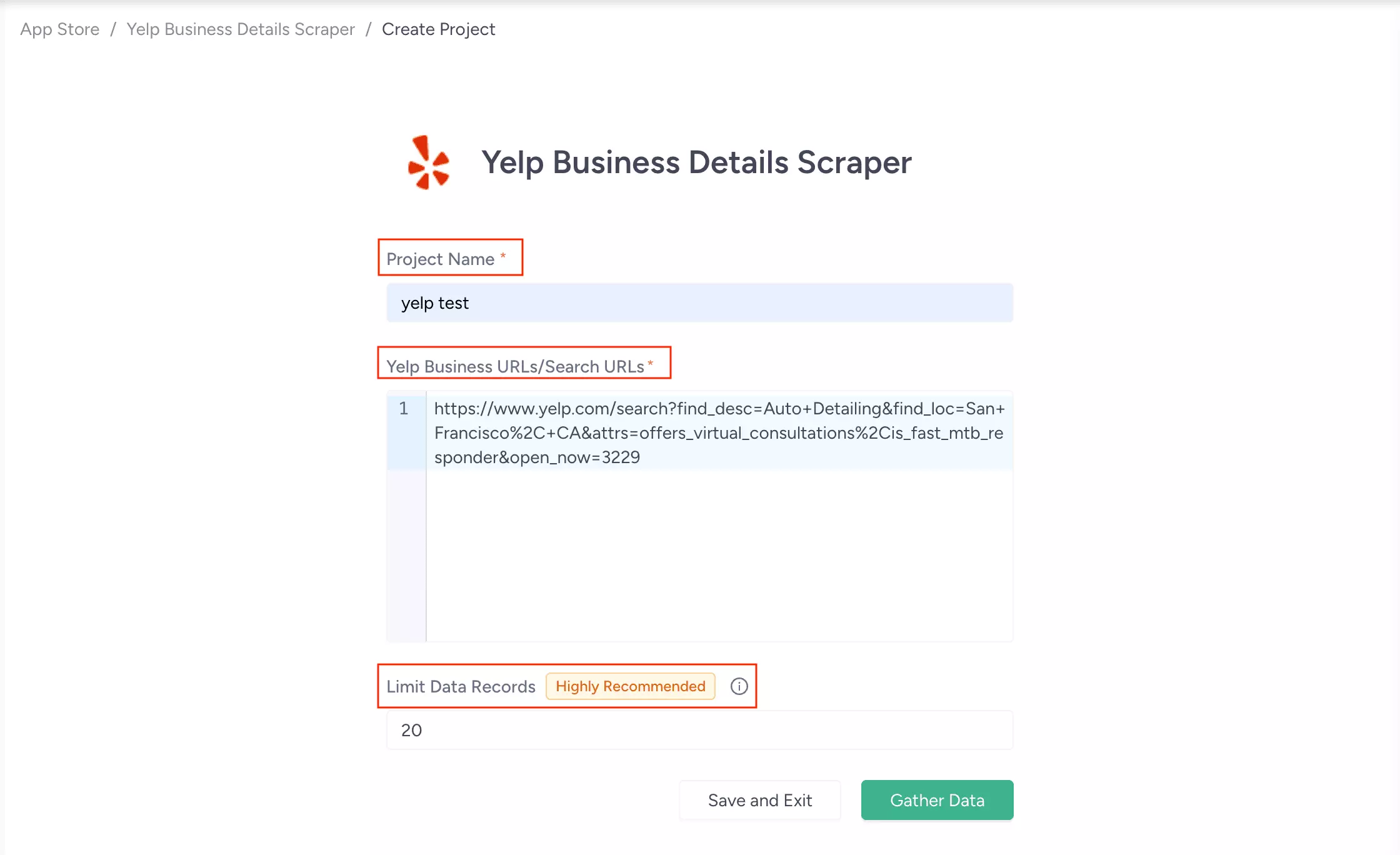 ScrapeHero Cloud project setup interface showing URL input field and Gather Data button