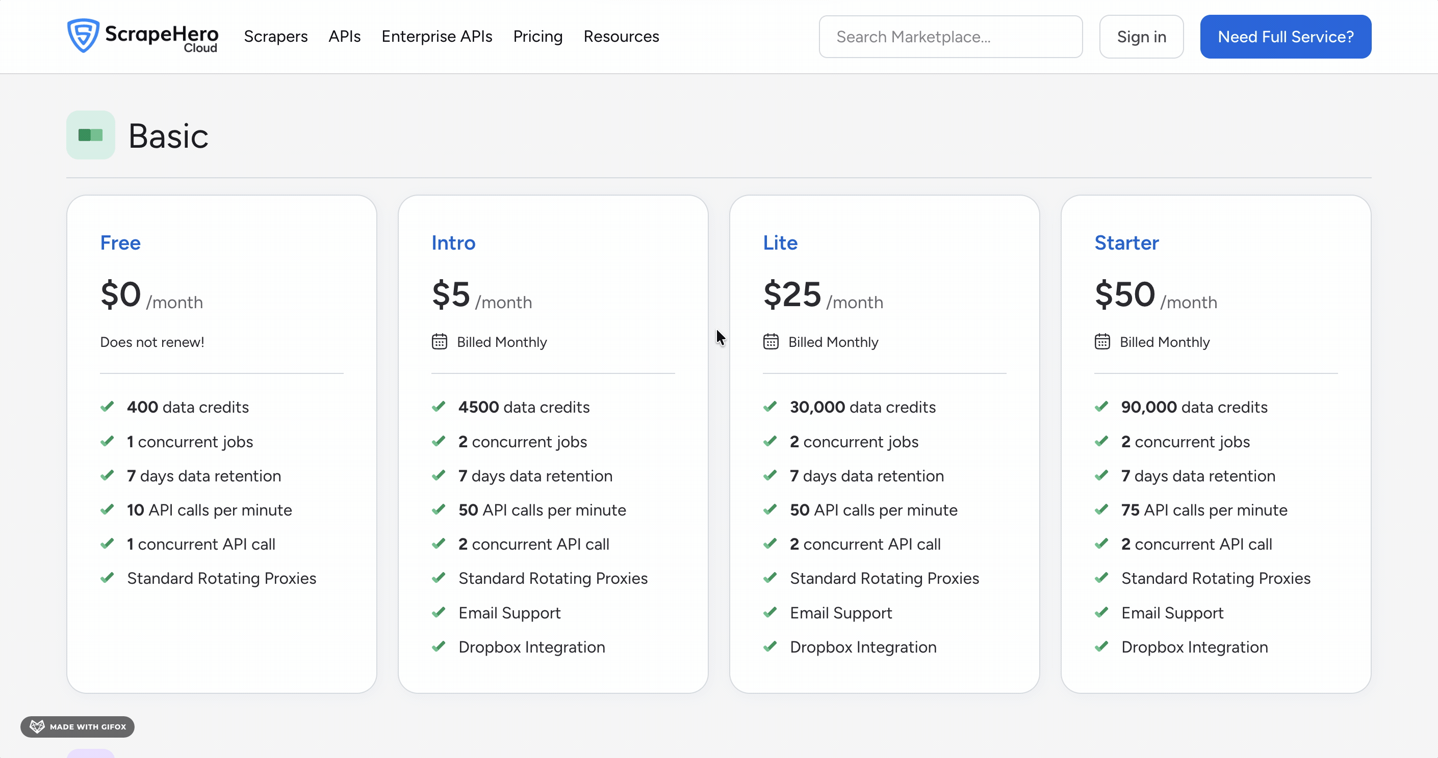 GIF showing ScrapeHero Cloud pricing plans and credit-based cost breakdown
