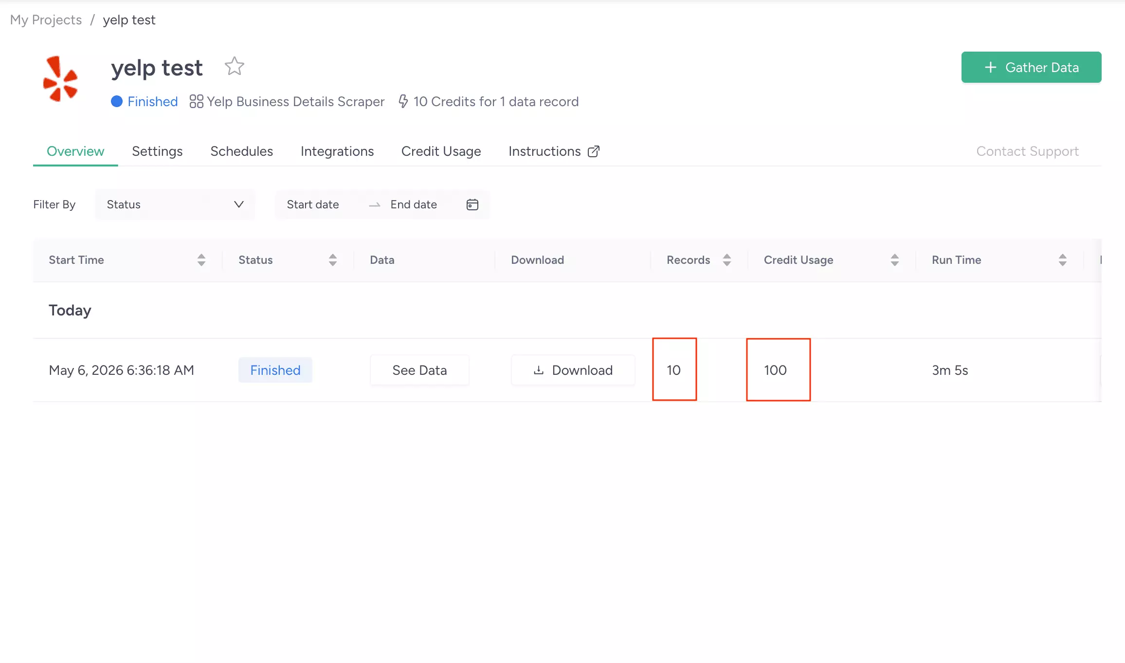 ScrapeHero Cloud speed test showing 10 results collected in 3 minutes 5 seconds