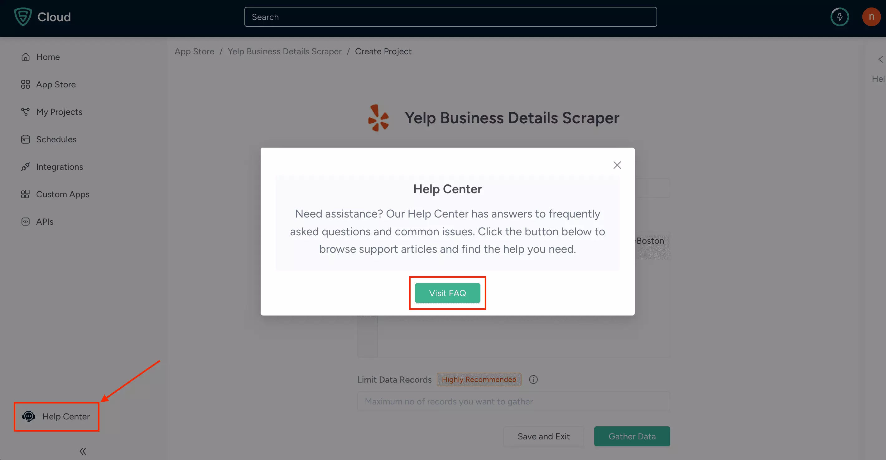 ScrapeHero Cloud help center showing FAQ articles and common issues documentation