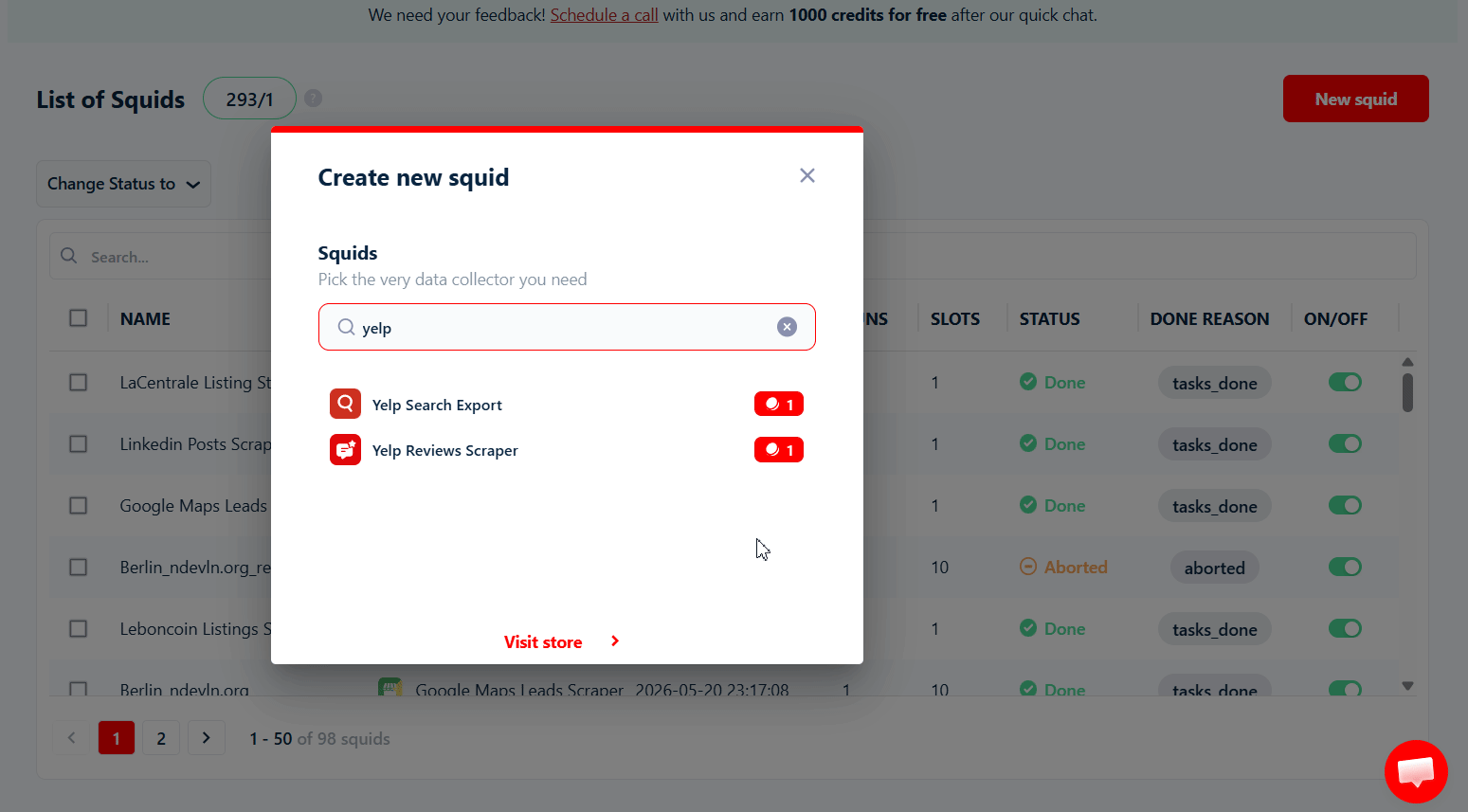 lobstr.io Squid wizard - create a Squid and pick the Yelp Reviews Scraper