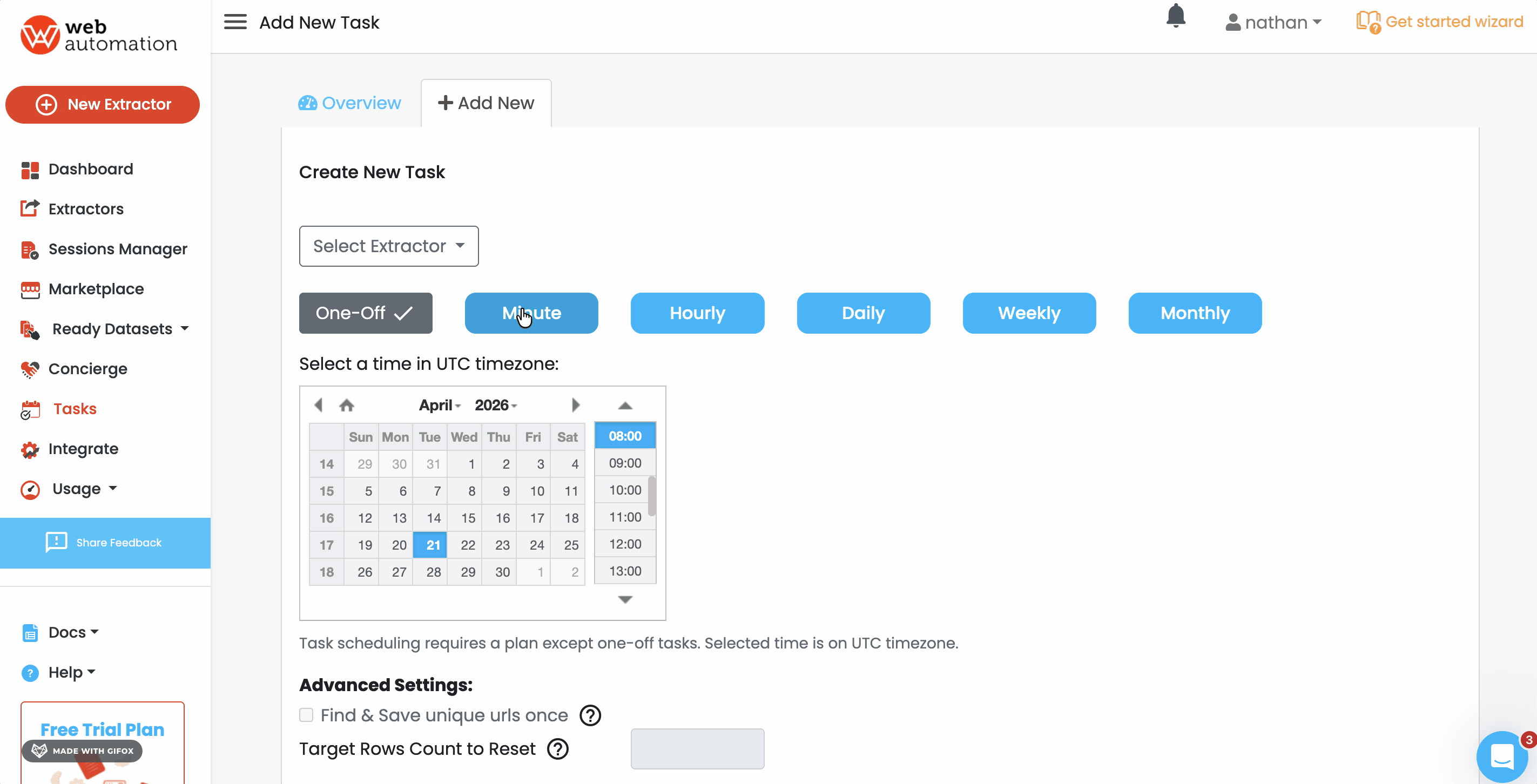 GIF of WebAutomation.io visual cron builder with frequency options β One-Off, Minute, Hourly, Daily, Weekly, Monthly